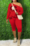 Red Casual Print Basic Off the Shoulder Long Sleeve Two Pieces