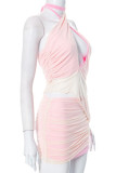 Pink Purple Sexy Street Solid Hollowed Out Patchwork Contrast Halter Sleeveless Two Pieces
