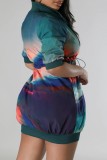 Navy Blue Casual Print Patchwork Zipper Collar Short Sleeve Dress