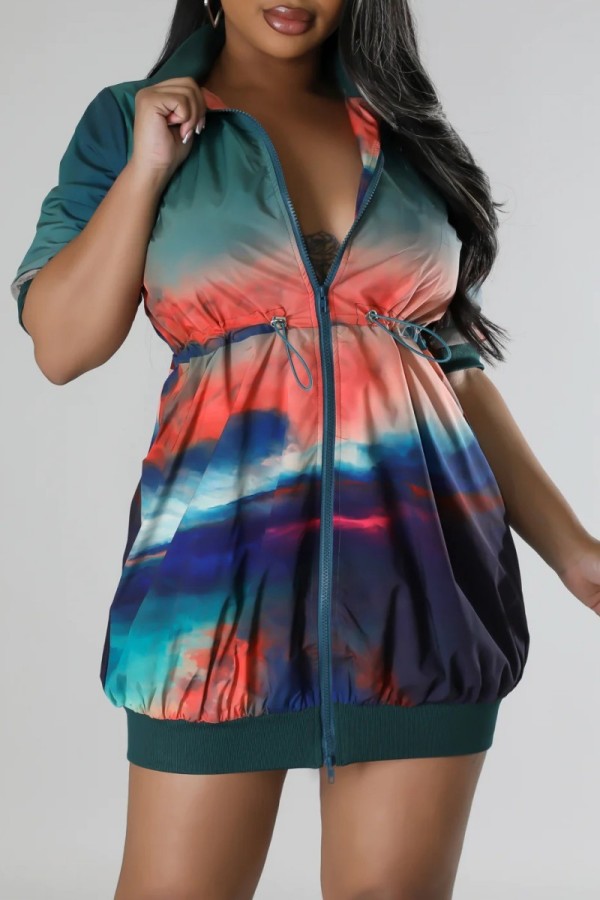 Peacock Blue Casual Print Patchwork Zipper Collar Short Sleeve Dress