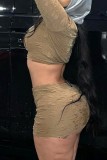 Khaki Sexy Solid Patchwork O Neck Long Sleeve Two Pieces
