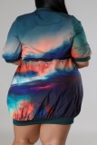 Navy Blue Casual Print Patchwork Zipper Collar Short Sleeve Dress