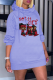 Blue Street Print Draw String Hooded Collar Straight Dresses