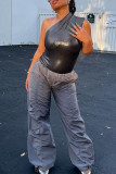 Blue Sexy Solid Patchwork Reflective Oblique Collar Skinny Bodysuits
