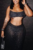 Black Sexy Hot Drilling See-through Backless Spaghetti Strap Sleeveless Two Pieces
