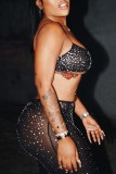 Black Sexy Hot Drilling See-through Backless Spaghetti Strap Sleeveless Two Pieces