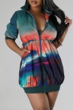 Navy Blue Casual Print Patchwork Zipper Collar Short Sleeve Dress