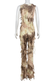 Black Street Tie Dye Tassel Patchwork Zipper O Neck Regular Jumpsuits