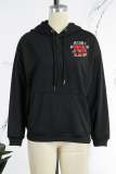 Black Street Daily Print Draw String Hooded Collar Tops