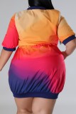 Navy Blue Casual Print Patchwork Zipper Collar Short Sleeve Dress
