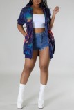Navy Blue Casual Print Patchwork Zipper Collar Short Sleeve Dress