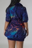 Navy Blue Casual Print Patchwork Zipper Collar Short Sleeve Dress