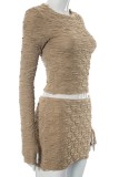 Khaki Sexy Solid Patchwork O Neck Long Sleeve Two Pieces