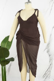 Orange Sexy Casual Solid Bandage Hollowed Out Backless Slit V Neck Sling Dress Dresses