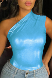 Blue Sexy Solid Patchwork Reflective Oblique Collar Skinny Bodysuits