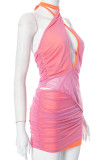 Pink Sexy Street Solid Hollowed Out Patchwork Contrast Halter Sleeveless Two Pieces