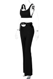 Black Street Solid Hollowed Out Metal Accessories Decoration Backless U Neck Sleeveless Two Pieces(Without Outerwear )