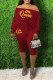 Burgundy Casual Print Basic Off the Shoulder Long Sleeve Two Pieces