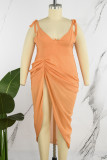 Orange Sexy Casual Solid Bandage Hollowed Out Backless Slit V Neck Sling Dress Dresses