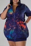 Navy Blue Casual Print Patchwork Zipper Collar Short Sleeve Dress