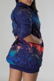 Navy Blue Casual Print Patchwork Zipper Collar Short Sleeve Dress