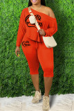 Red Casual Print Basic Off the Shoulder Long Sleeve Two Pieces