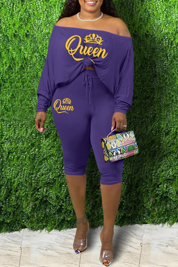Purple Casual Print Basic Off the Shoulder Long Sleeve Two Pieces