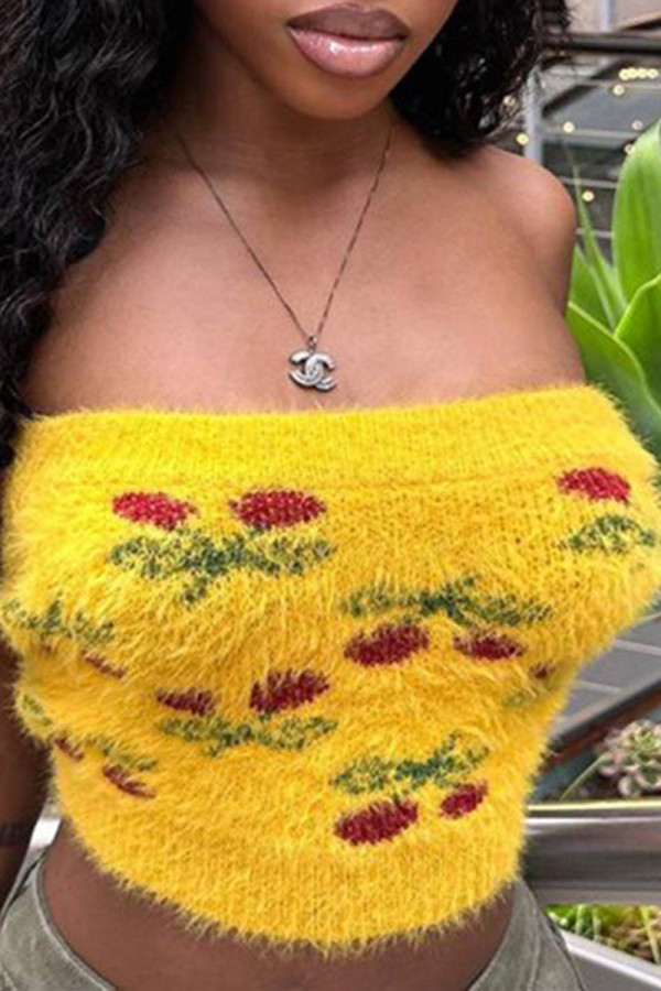 Yellow Sexy Sweet Print Patchwork Backless Strapless Tops