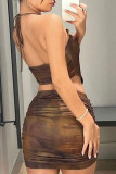 Brown Sexy Butterfly Print Bandage Backless Fold Halter Sleeveless Two Pieces