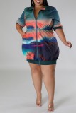 Navy Blue Casual Print Patchwork Zipper Collar Short Sleeve Dress