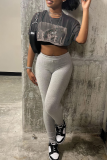 Dark Gray Street Print Patchwork Letter O Neck Short Sleeve Two Pieces