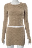 Khaki Sexy Solid Patchwork O Neck Long Sleeve Two Pieces