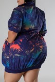 Navy Blue Casual Print Patchwork Zipper Collar Short Sleeve Dress