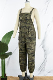 Army Green Casual Camouflage Print Backless Spaghetti Strap Regular Jumpsuits