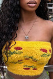 Yellow Sexy Sweet Print Patchwork Backless Strapless Tops