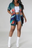 Navy Blue Casual Print Patchwork Zipper Collar Short Sleeve Dress