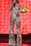 Leopard Print Sexy Casual Print Leopard Hollowed Out Backless Halter Jumpsuits (Without Gloves)