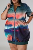 Navy Blue Casual Print Patchwork Zipper Collar Short Sleeve Dress