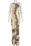 Black Street Tie Dye Tassel Patchwork Zipper O Neck Regular Jumpsuits