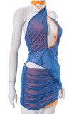 Blue Sexy Street Solid Hollowed Out Patchwork Contrast Halter Sleeveless Two Pieces