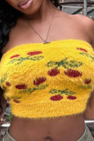 Yellow Sexy Sweet Print Patchwork Backless Strapless Tops