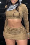 Khaki Sexy Solid Patchwork O Neck Long Sleeve Two Pieces