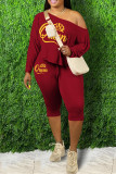 Red Casual Print Basic Off the Shoulder Long Sleeve Two Pieces