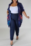 Navy Blue Casual Print Patchwork Zipper Collar Short Sleeve Dress