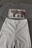 Dark Gray Street Print Patchwork Letter O Neck Short Sleeve Two Pieces