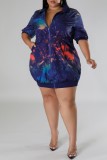 Navy Blue Casual Print Patchwork Zipper Collar Short Sleeve Dress