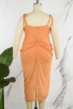 Orange Sexy Casual Solid Bandage Hollowed Out Backless Slit V Neck Sling Dress Dresses