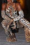 Leopard Print Sexy Casual Print Leopard Hollowed Out Backless Halter Jumpsuits (Without Gloves)