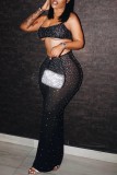 Black Sexy Hot Drilling See-through Backless Spaghetti Strap Sleeveless Two Pieces