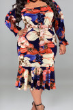 Peacock Blue Casual Street Print Patchwork With Belt U Neck Printed Dress Plus Size Dresses